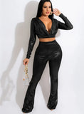 Winter Sexy Deep-V Metallic Crop Top and Pants 2 Piece