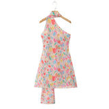 Printed Scarf Halter Strap Mini Dress-Outfit