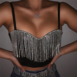 Black Strap Crop Top With Rhinestone Fringe-Outfit
