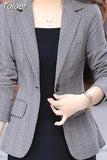 Button Blazer Women Jacket Slim Fit Office Lady Blazers Coat Chic Plaid Outerwear Female Pockets Jackets Fashionable