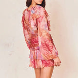 Causal Print Women Dress V Neck Lantern Long Sleve High Waist Lace Up Bow Ruffles Ruched Hit Color Dresses