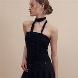 Toloer 2024 New Women's Solid Color Slim Fashion One Word Collar Pleated Sexy Show Back Vest-Outfit