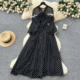 High-End Neckline Bow Tie Lantern Sleeve Lace Lace To Receive Waist Wave Dot Skirt Chiffon