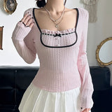 Toloer Sweet Girl Style Splice Color Long-Sleeved T-Shirt Square Collar Pleated Chest Bow Slim Slim Top-Outfit