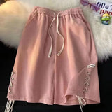 Waist Casual Wide Leg Shorts Women Y2k Summer Loose Drawstring Lace Up Jogging Pants BF Fashion Baggy All-match Sweatpants-Outfit