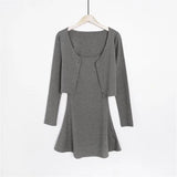 Trend Women's Wear Small And Fresh Slim Style Round Neck Fairy Halter Dress Long-Sleeved Cardigan Jacket Two-Piece Suit-Outfit