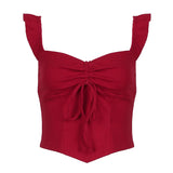 Girls With Flying Sleeves Slim And Show Thin Square Collar T-Shirt Women's Draped Rope Pleated Tie Bow Irregularly Knitted Blouse-Outfit