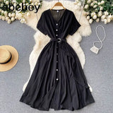 Vacation Chiffon Dresses For Women 2022 Pleated Long Dress Solid Color Temperament V-neck Maxi Bohemia Dress Robe