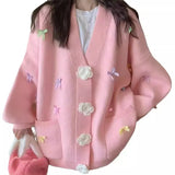 Version V-Collar Three-Dimensional Flower Bow Fashion Knitted Cardigan Autumn And Winter New Loose Lazy Sweet Sweater Girl-Outfit