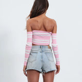 T-Shirt Women's Knitted Sexy Hot Babes Bare Back Long Sleeve Cover Umbilly Short Bow Topess