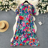 Dress Women's 2024 Summer Dress New Loose Leisure Fashion Print Medium-Long Bubble Sleeve Holiday Dress-Outfit