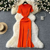 Toloer Senior Sense Dress Female Summer Sexy Sequins Slit Waist Show Thin Round Collar Short Sleeves In The Long Knit