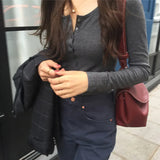 2023 New Korean Version Half-Open-Collar Careful Machine Blouse Threaded Solid Color Long-Sleeved T-Shirt-Outfit