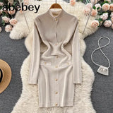 Women's Casual Turtleneck Long Sleeve Bodycon Hollow Out Buttons Mini Bandage Dress Elegant Party Street