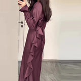 Solid Color Round Collar Lotus Leaf Long Temperament Dress In Autumn
