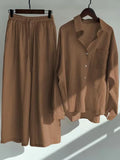 Linen Shirts Wide Leg Elastic Waist Pants Women Casual Sets Elegant Loose Long Sleeve Lapel 2023 Autumn Shirt Y2k Suit-Outfit