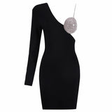 Long One Sleeve Rhinestone Cup Mini Dress-Outfit
