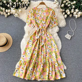 2022 Vintage Floral Print V Neck Bandage Dress Summer Midi Long Party Women High Waist Vestido De Festa Elegant