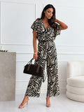 Women's Spring Leopard Print V-Leading Flying Sleeves Wide-Legged