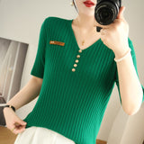 Toloer 2024 New Short Knit Women's Fashion Slim Short-Sleeve T-Shirt Thin Medium Sleeve Top-Outfit