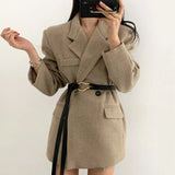 Autumn Winter Women Short Coat with Belt Long Sleeve Thick Turn-down Collar Double Breasted Minimalist Korean Ladies