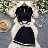 New Knitted Shirt Two Sets Of Women Retro Short-Sleeved Top + High-Waisted Folded