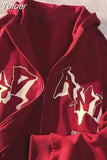 Ears Zip Up Hoodies Women Letter Hooded Sweatshirt Harajuku Streetwear Y2K Oversized Long Sleeve Tops Loose Jacket