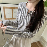 Is A Unique Korean Style Lazy Style Thin Long-Sleeved Striped T-Shirt, A New Slim Blouse For Women In Early Autumn.-Outfit