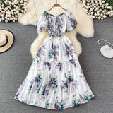 Summer Women Floral Chiffon Dress Vacation Beach Vestidos Female Elegant Slash Neck High Waist A-Line Midi Robe Bohemian