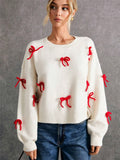 Red Bow Decoration Loose Round Collar Collar Sweater Autumn