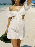 Spring Fashion New Sexy Hot Girl Collar Bubble Cuffed Embroidery Short Dress