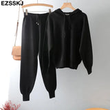 ins 2 Pieces Set Women Knitted Tracksuit hooded Sweater + Harem Pants Pullover 2021 Sweater Set CHIC Knitted hooded