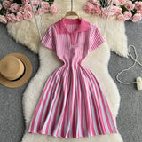 Toloer Niche Retro Color Lapel Short Sleeve Striped Dress Female Waist Show Thin Temperament A-Word Knit