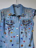 Women Denim Dress Sleeveless Diamonds Gemstone Tassel Slim High Waist Single Breasted Dress 2024 Summer New Fashion 29L2129-Outfit