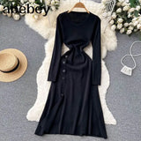 Knit Split Dresses for Women's Spring High Waist Buttons Slim Dresses Autumn Ladies Casual Mid-Calf