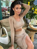Spring Pure Color Long-Sleeved Fashion Sexy Split Long Skirt Two-piece