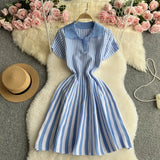 Toloer Niche Retro Color Lapel Short Sleeve Striped Dress Female Waist Show Thin Temperament A-Word Knit