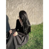 Toloer Hepburn V Neck Long Sleeve Knitted Dress Female Summer French With A Waist Show Long Skirt-Outfit