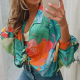 New Printed Lantern Long Sleeve Blouse 2023 Summer Fashion Casual Lapel Top Shirt Female Breathable Chiffon Cardigan 319-0-Outfit