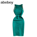 Button Details Sleeveless Knitted Bodycon Dress Women Summer Elegant Stretchy Dress Vintage Solid