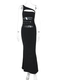 Black One Shoulder Slit Design Maxi Dress-Outfit