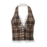 Toloer Women's Summer 2024 New Fashion Sexy French Sweet Vintage Plaid Neck Hanging Vest