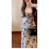 Chinese Ink Butterfly Print Sling Dress Summer Women's Holiday Style Body Bagg Hip Dress Chiffon