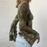 Toloer Print Tie-Dye Color Long-Sleeved T-Shirt New V-Neck Y2K Crop Top-Outfit