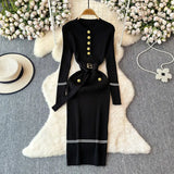 Fragrant High-End Autumn And Winter Round Collar With Thick Knitted Dress With Belts And Hips Skirt