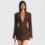 Women's Autumn And Winter New Temperament Solid Color V Collar Folding Waist Suit