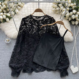 Hook Flowers Hollow Women Blouse Autumn Fashion Long Sleeve Single Breasted Korean Style Streetwear Loose OL Long