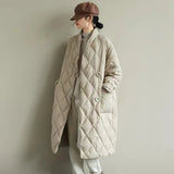 2021 New Women's Oversized Literary Stand Up Collar Solid Color Press Line Grid Medium Long White Duck Down Jacket For