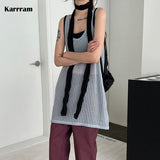 Lazy Style Hollow Out Tank Top Korean Fashion Knitted Camisole Japanese Overized Solid Vest See Through Chic