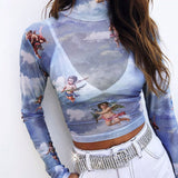 Toloer Sleeve Cupid Print T-Shirt Girl Autumn Burst Half High Collar Mesh Crop Street Top Girl-Outfit